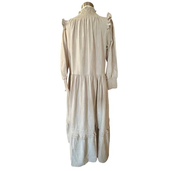 ROLLER RABBIT Maxi Dress Delfia Beige Ruffle Trim High Neck Long Sleeves Small - Picture 10 of 11